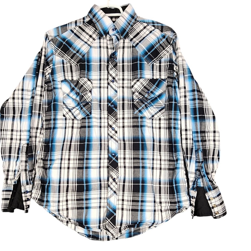 ELY 1878 Mens Plaid Western Shirt Long Sleeve Blue Black White Cowboy Medium‎